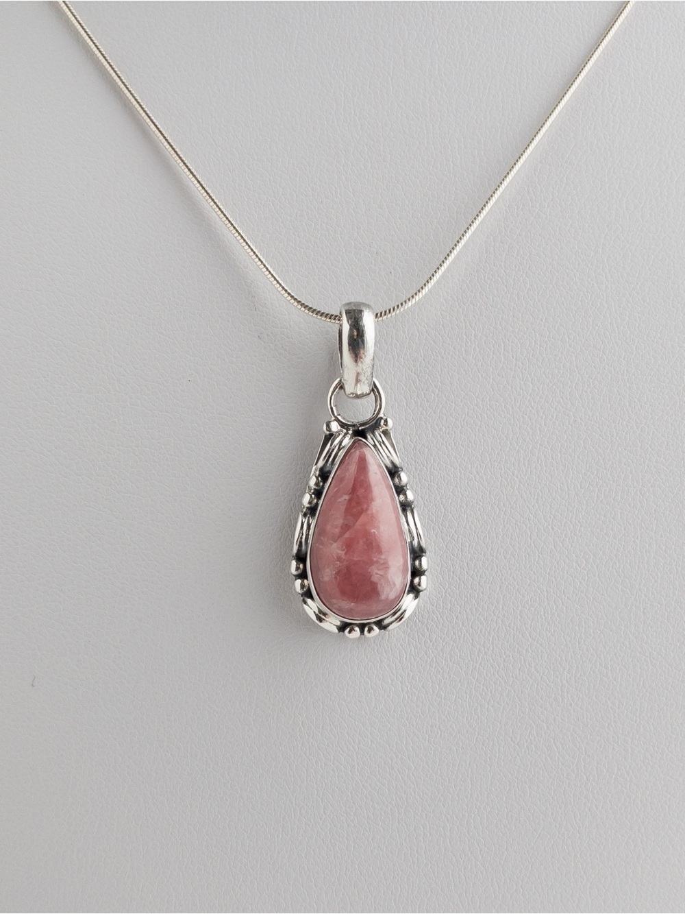 Vintage Sterling Silver Rhodochrosite Teardrop Pendant Necklace 925 Pink - Picture 5 of 11